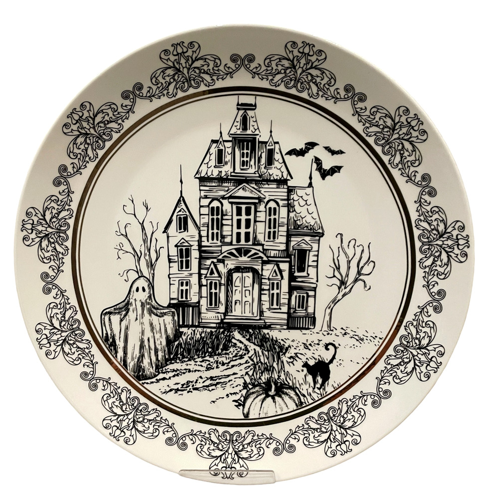 10 Strawberry HALLOWEEN HAUNTED HOUSE Dinner Plates 10.5in Ceramic Set of 4 NEW